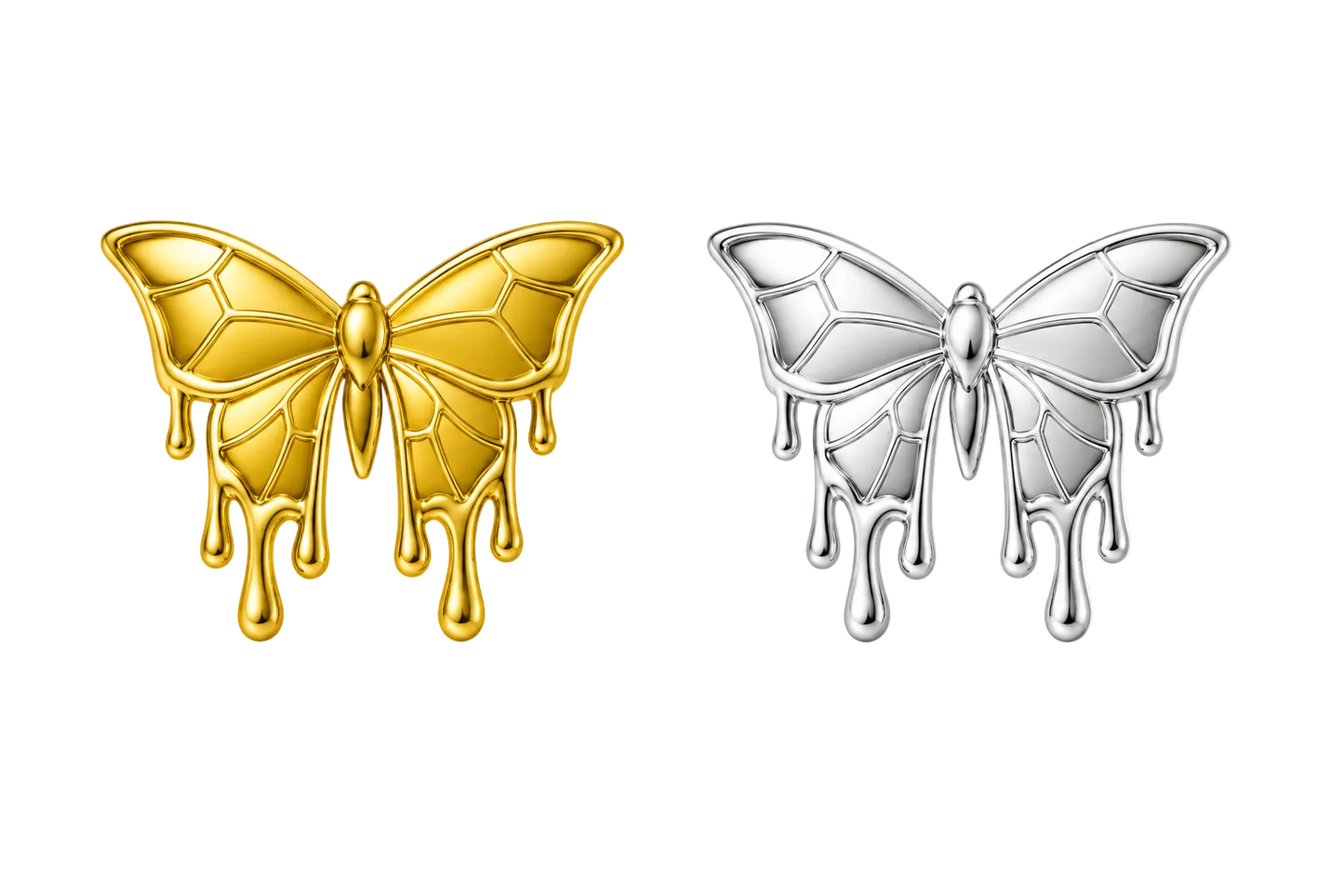 Two butterfly-shaped jewelry pieces on a plain white background, one in polished gold and one in polished silver, both with a dripping wax or melting effect along the lower edges.