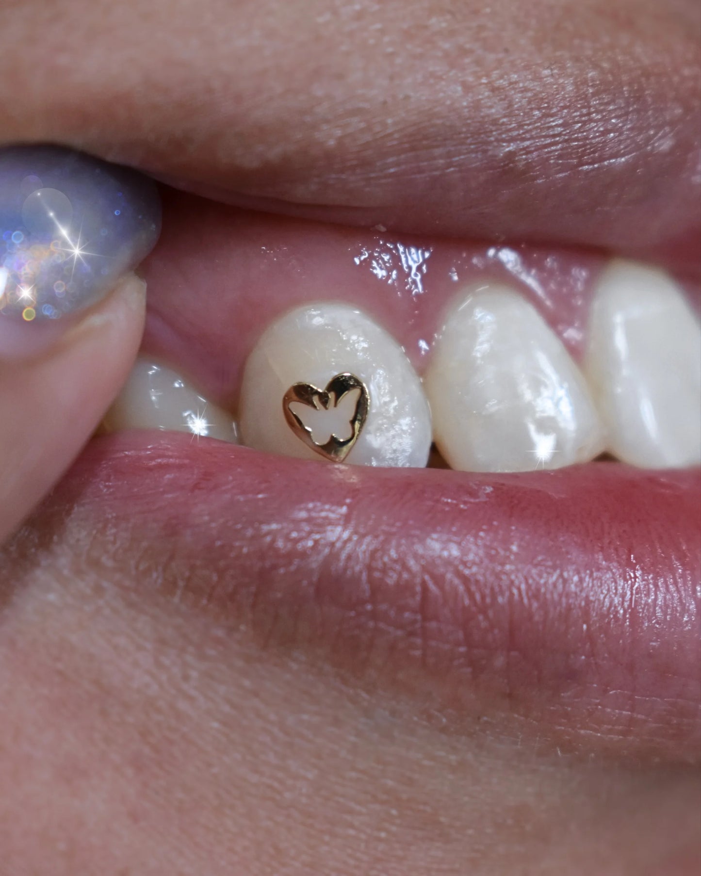 Heart-Framed Hollow Butterfly 18k Gold Tooth Charm
